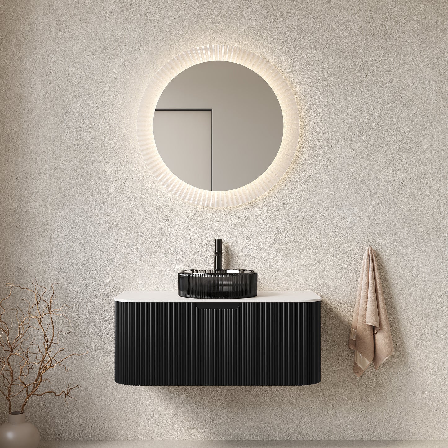 DINA 36" Bathroom Vanity with Sink, Wall-Mounted Floating Curved Edges Striped Bathroom Storage Cabinet with a Drawer, Transparent Black Round Glass Basin and Countertop, Pre-assembled, Black Color