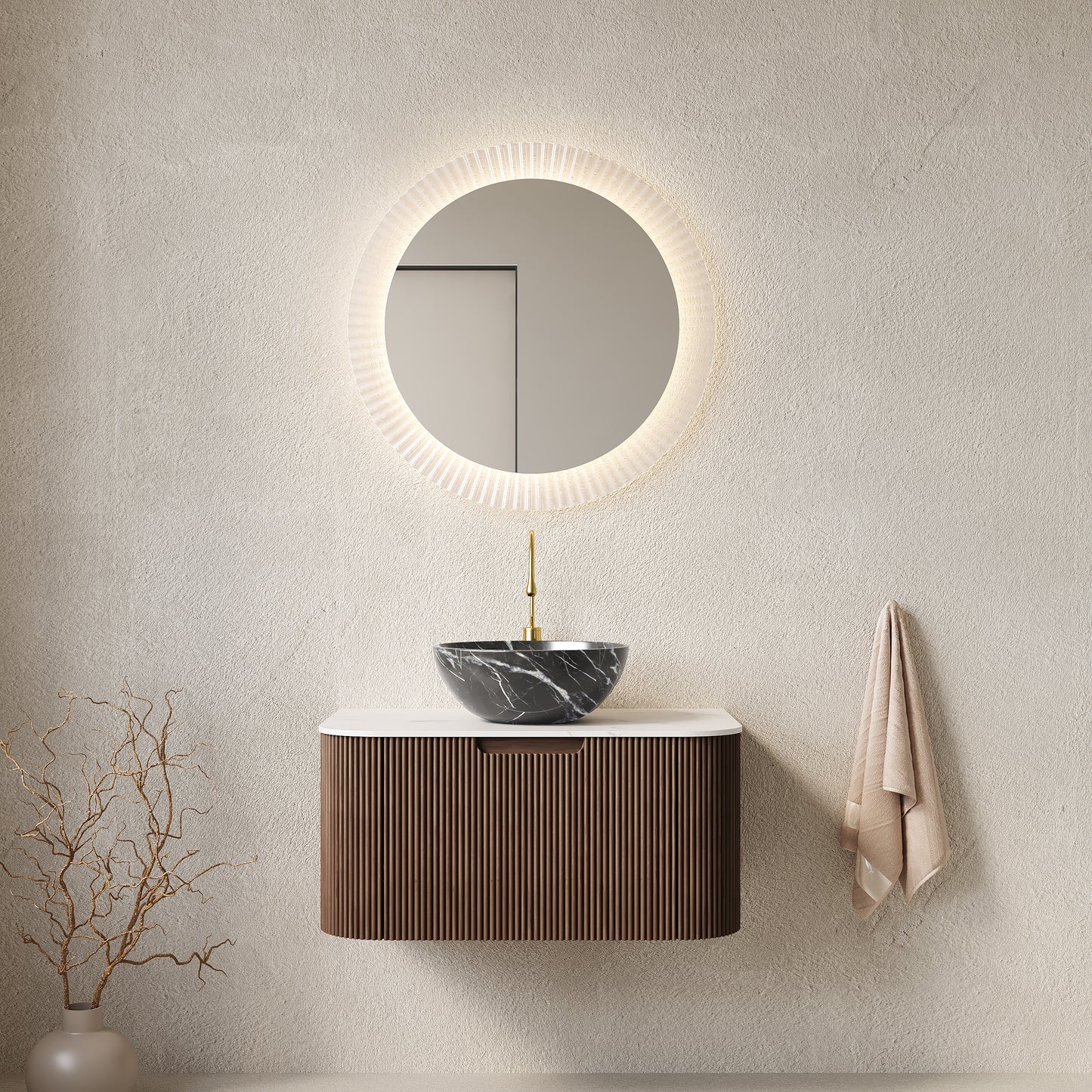 DINA 30" Bathroom Vanity with Sink, Wall-Mounted Curved Edges Striped Bathroom Storage Cabinet with Drawer, Black Bowl Ceramic Basin with Stone Pattern, Pre-assembled, Dark Walnut Woodgrain Color