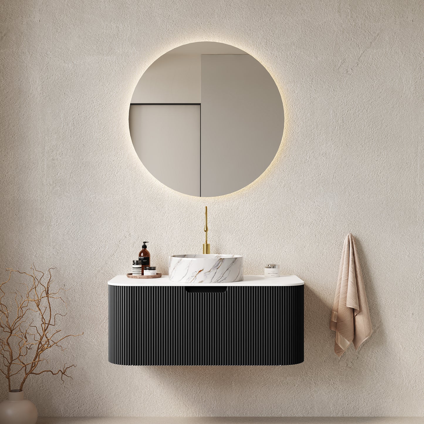 DINA 36" Bathroom Vanity with Sink, Wall-Mounted Floating Curved Edges Striped Bathroom Storage Cabinet with Drawer, White Round Ceramic Basin with Stone Pattern, Pre-assembled, Black Color