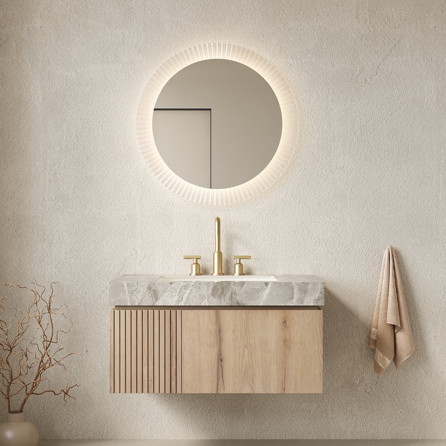 MURI 36" Bathroom Vanity&Sink, Floating Plywood Storage Cabinet with Drawer&Door, Light Gray Sintered Stone Top&Ceramic Basin with 3 Pre-drilled Faucet Holes, Pre-assembled, White Oak Woodgrain Color