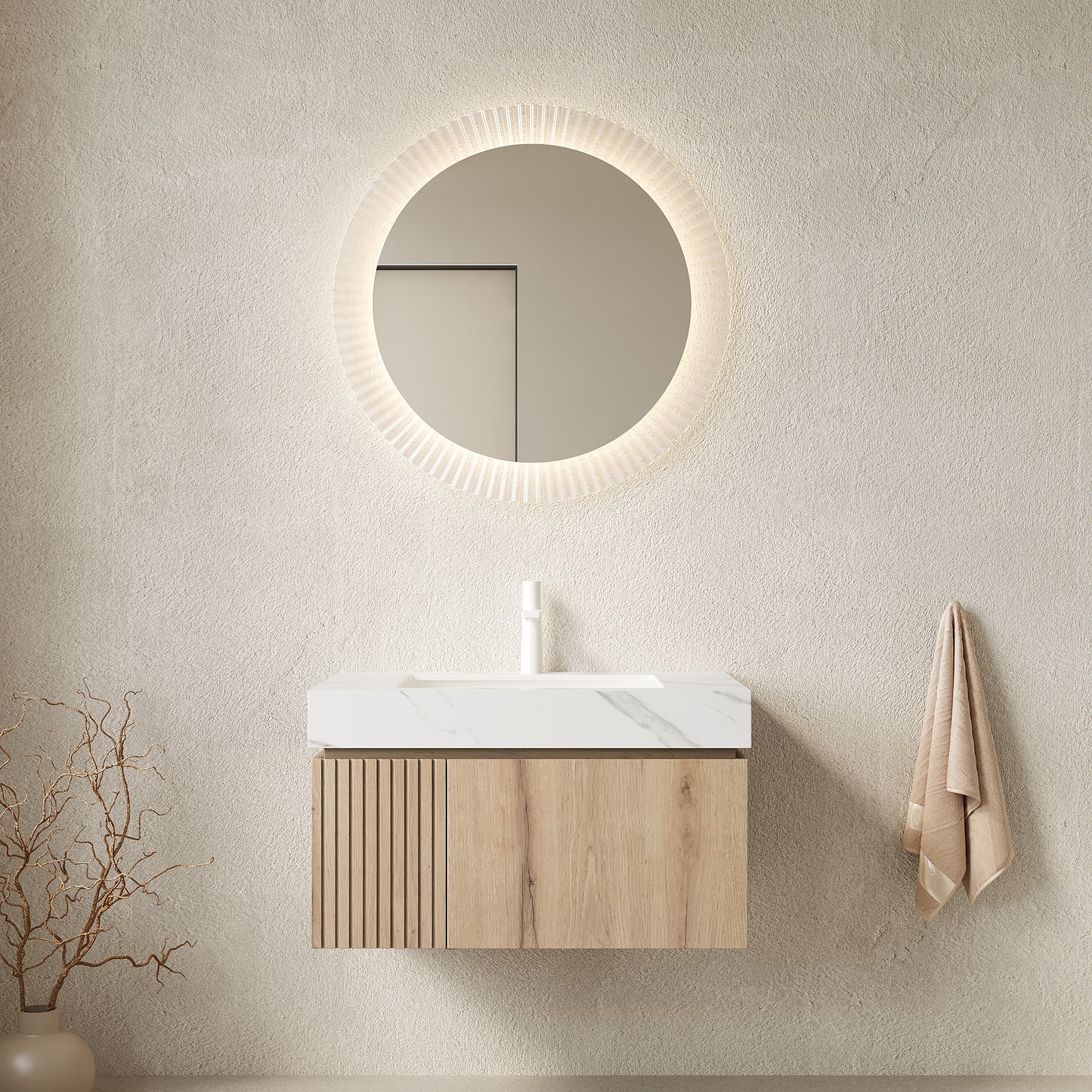 MURI 30" Bathroom Vanity&Sink, Floating Plywood Storage Cabinet with Drawer&Door, Carrara White Sintered Stone Top&Ceramic Basin with 1 Pre-drilled Faucet Hole, Pre-assembled, White Oak Woodgrain