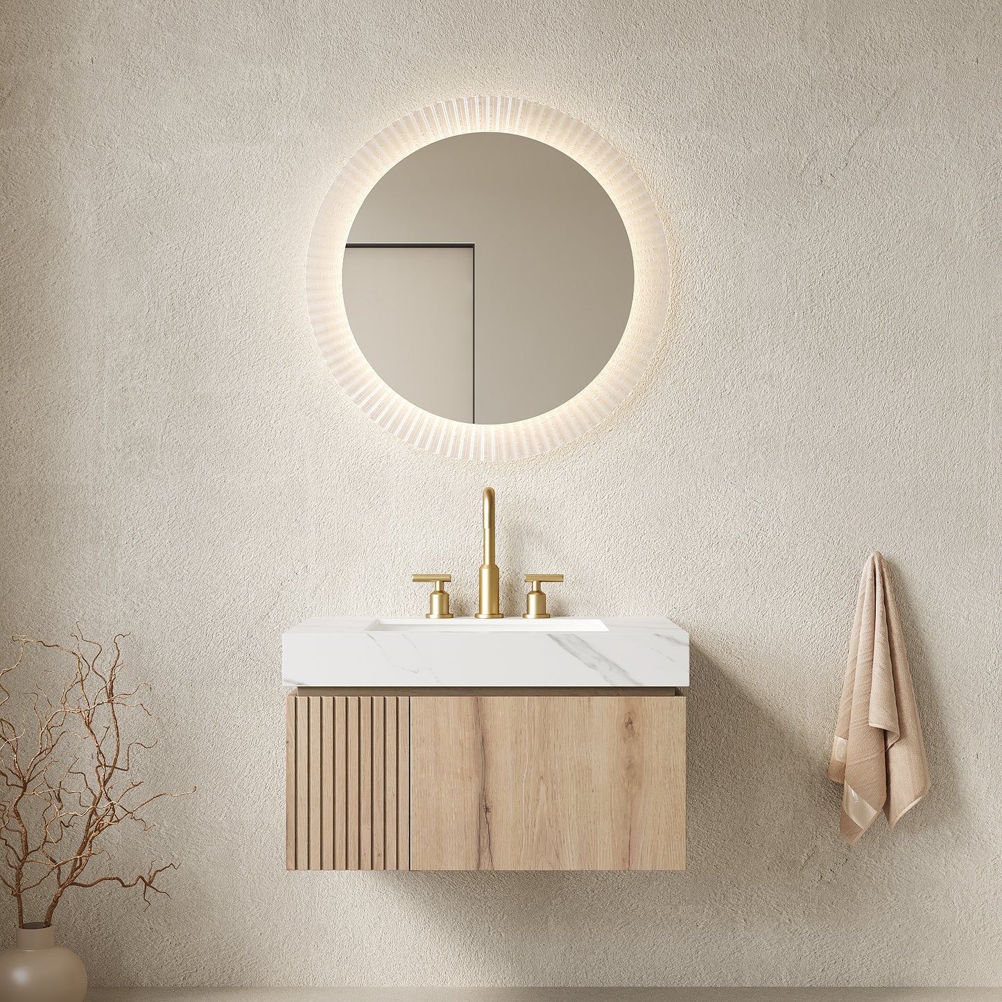 MURI 30" Bathroom Vanity&Sink, Floating Plywood Storage Cabinet with Drawer&Door, Carrara White Sintered Stone Top&Ceramic Basin with 3 Pre-drilled Faucet Holes, Pre-assembled, White Oak Woodgrain