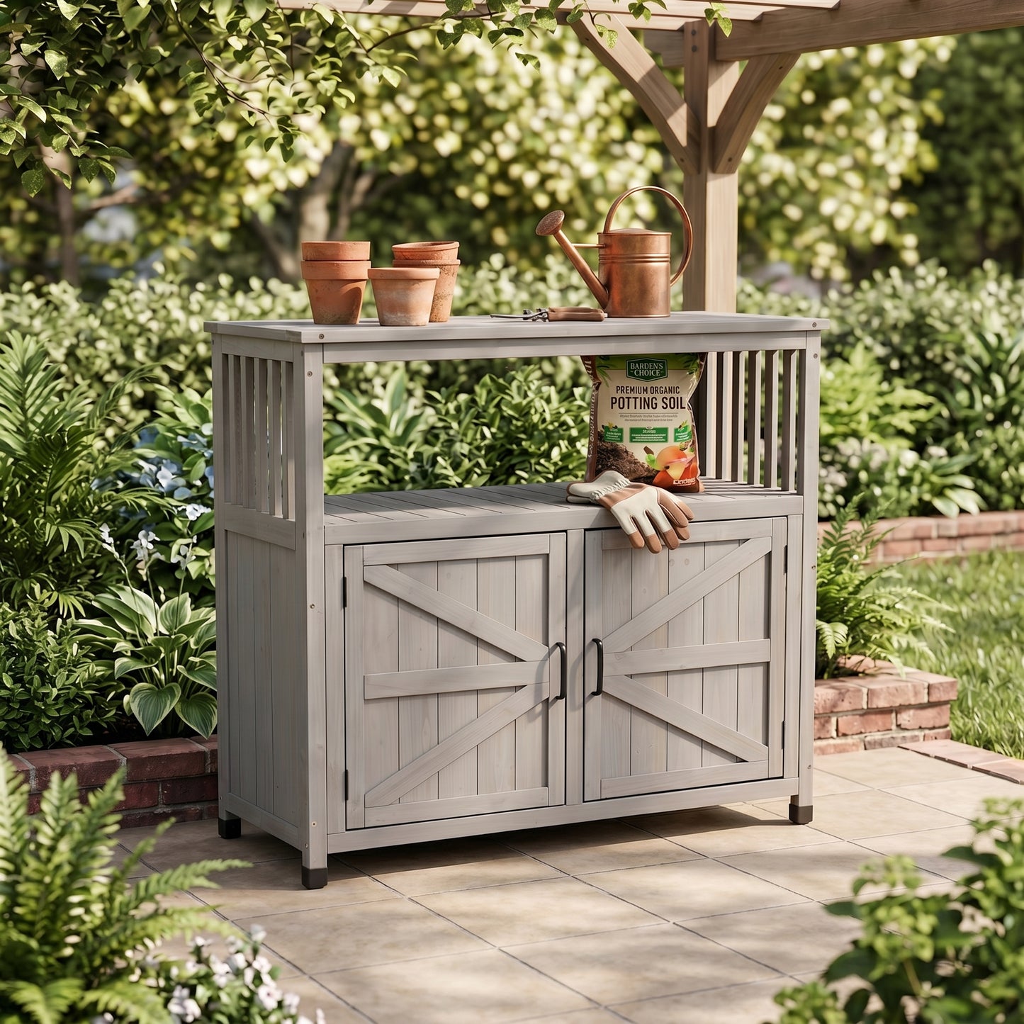 Wooden Patio Bar Table Set with Storage, Buffet Cabinet Sideboard for Outdoor and Indoor