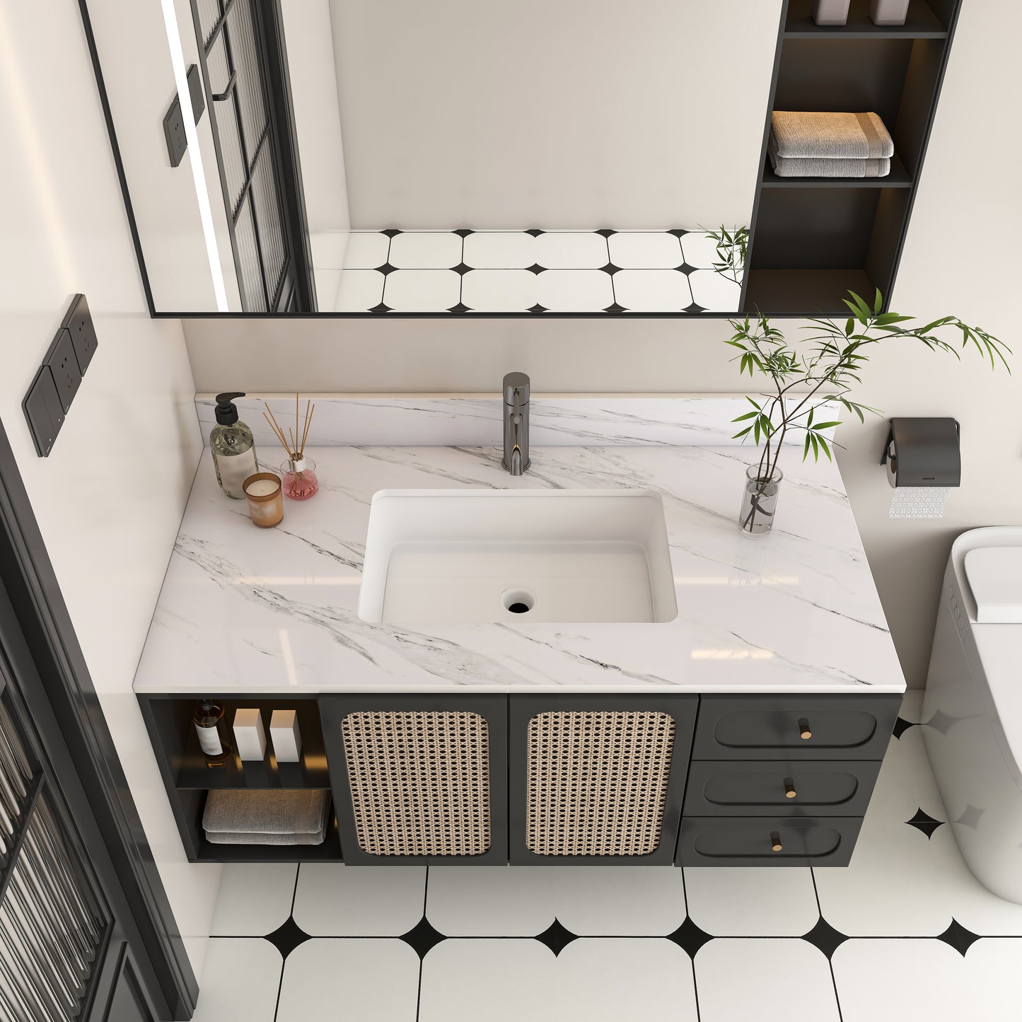 43 Inch Marble Vanity Top, White Vanity Top with 1 Pre-drilled Faucet Holes, Bathroom Vanity Top with Undermount Rectangular Middle Sink and 4" Height Backsplash, Bianco Carrara Venato