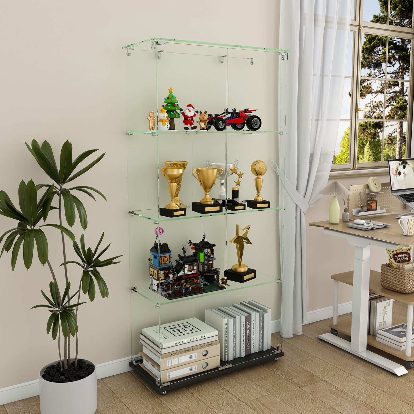 Black MDF Display Cabinet - 4 Tier Glass Showcase for Living Room