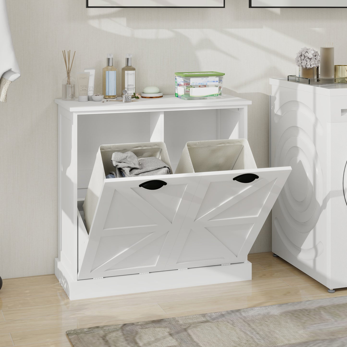 White MDF Laundry Sorter Cabinet - 31.5" Wide for Living Room