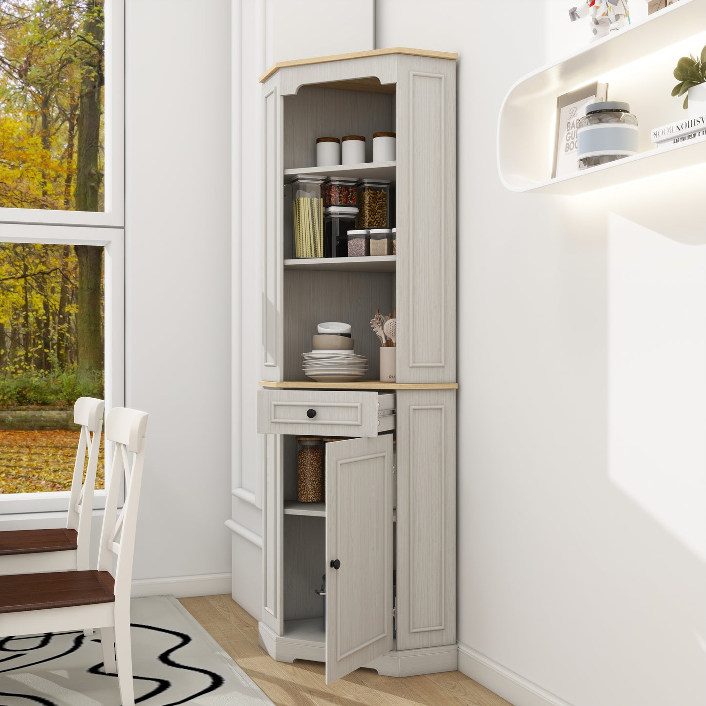 68 Inch White Corner Cabinet - Storage Cabinet with Drawer & Shelves for Living Room