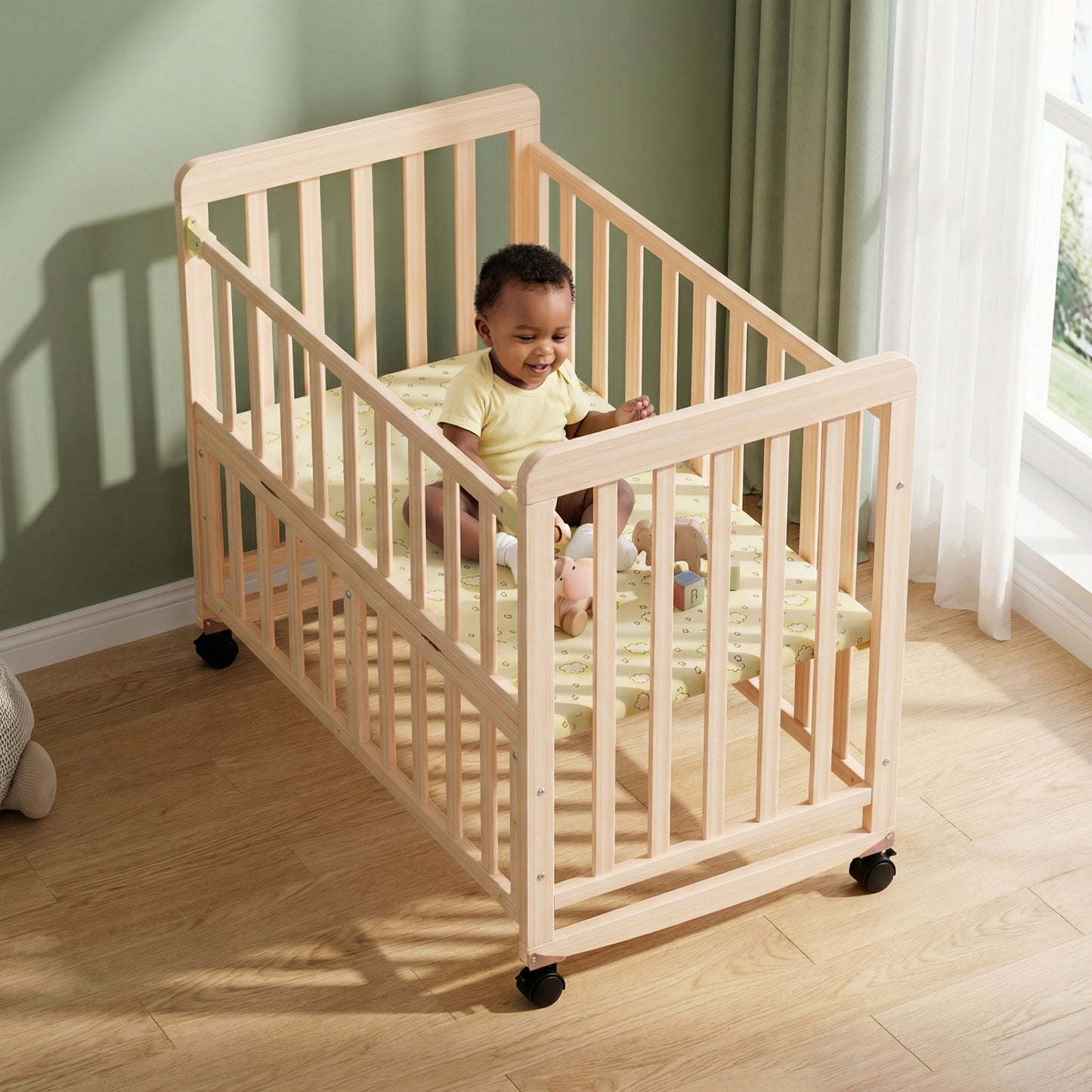 Baby Bassinets Bedside Sleeper - Portable Pine Wood Bedside Bassinet,3 Heights Small Mini Crib with 0.78 inch Mattress,Space-Saving Design Baby Crib for Newborns 0-36 Months
