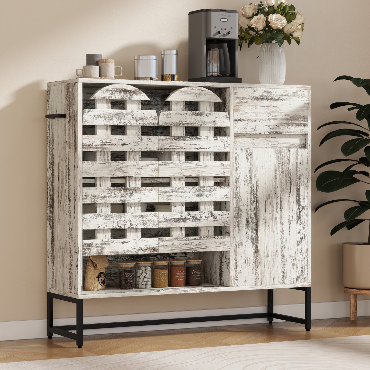 44.3"Farmhouse Sideboard Cabinet with Storage,Coffee Bar Console Table With Storage,rustic storage cabinet with arched lattice doors and drawer - for Living Room,kitchen, Entryway retro white