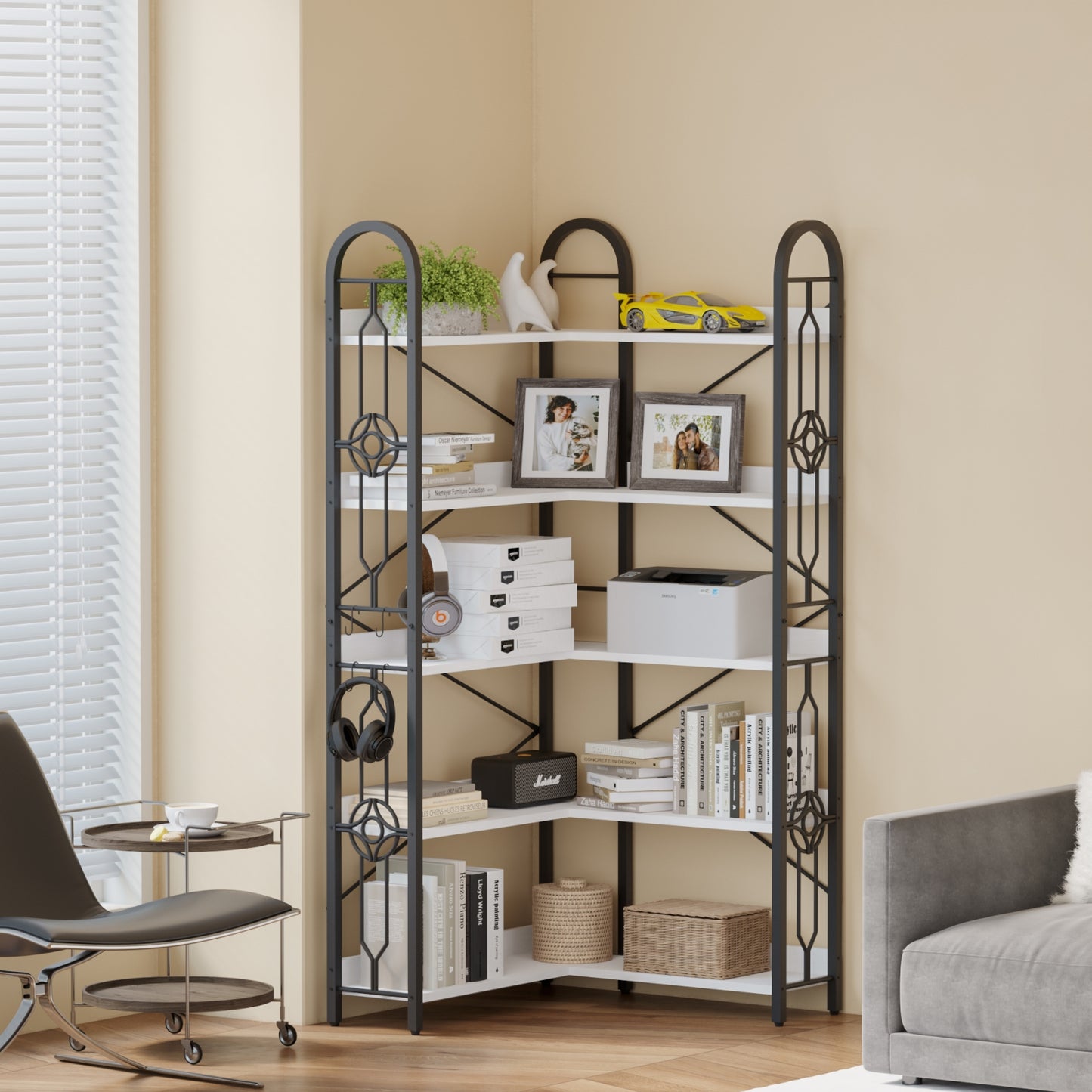 5 Tier Corner Bookshelf, Modern Corner Bookcase, Large Open Shelf Bookcase,Display, Shelving, Tall Bookshelves Storage Display Rack for Bedroom, Living Room and Home Office, White