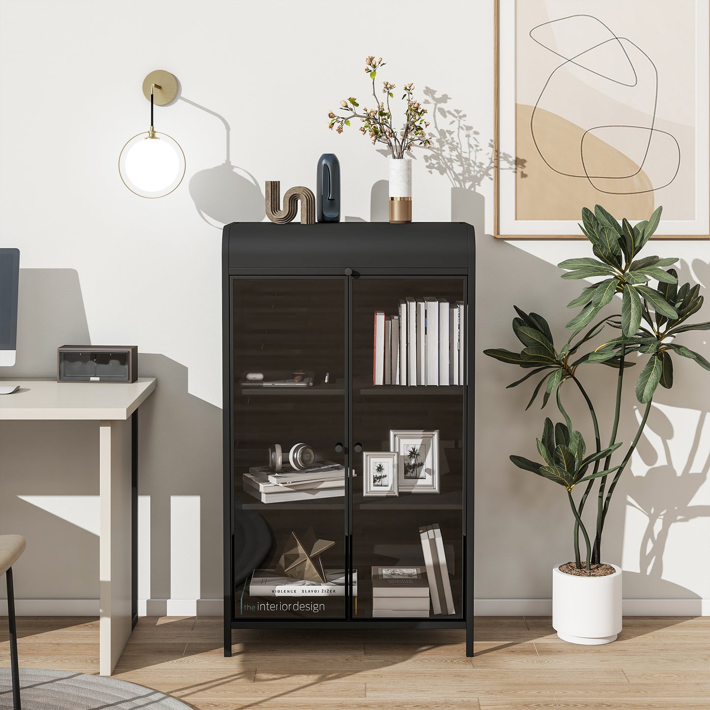 47.6" Tall Metal Storage Cabinet with Glass Doors & Flip-Top, 4-Tier Display Cabinet with Open Shelves, Freestanding Steel Sideboard Buffet for Kitchen, Living Room, Home Office, Dining Room, Bathroom