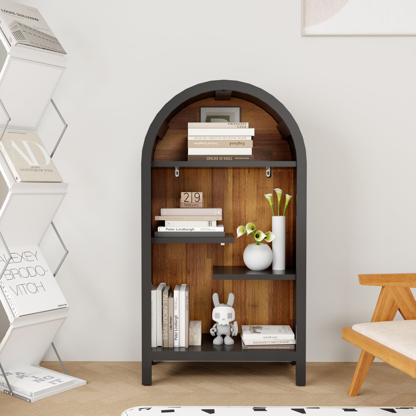 Arched Top Industrial Open Shelf – 4-Tier Asymmetrical Dark Freestanding Display Rack for Home & Entryway