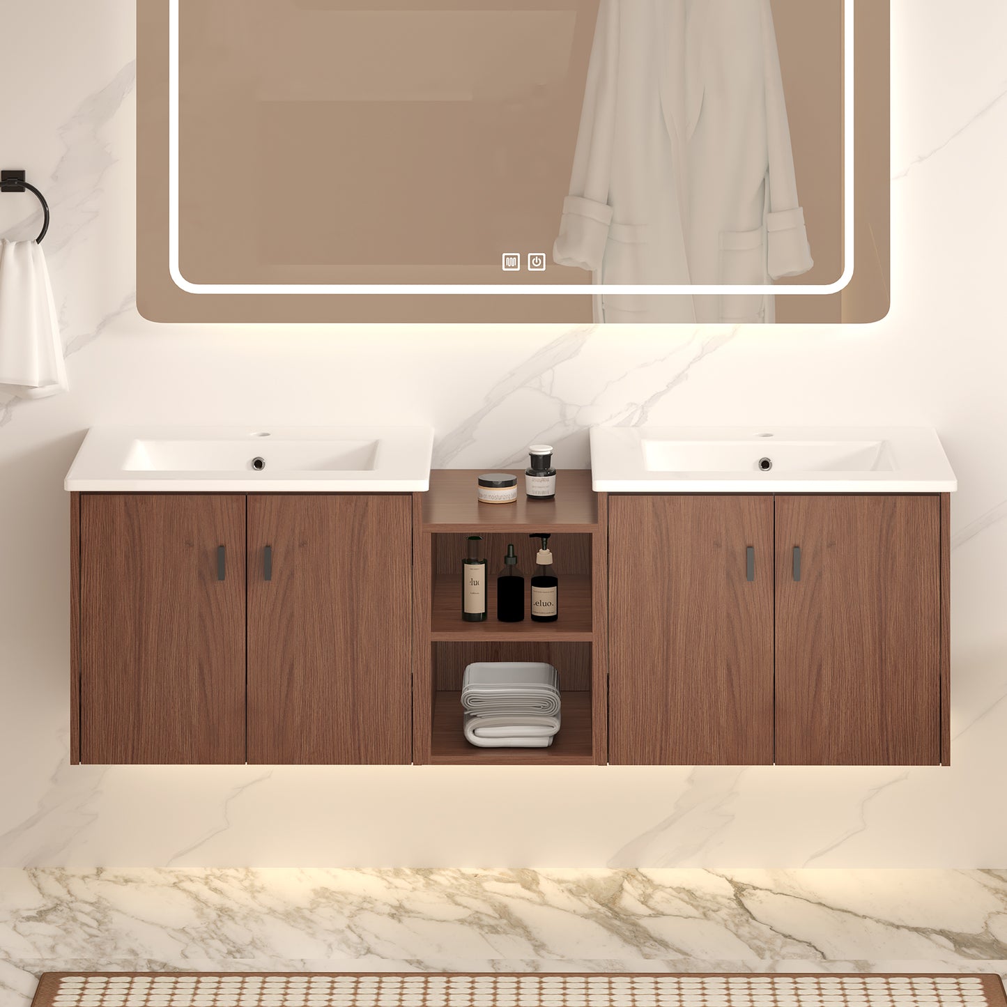 60in reddish brown Soft Close Doors Bathroom Vanity , A Small Storage Shelves, 24" and 12" Combination Cabinet,(KD-Packing)