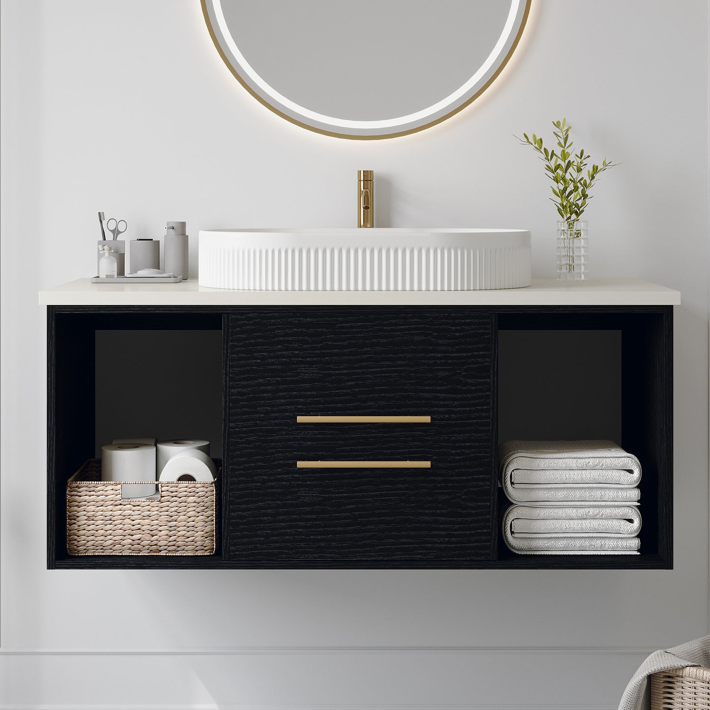 Modern 39.4-In Wall-Mounted Bathroom Vanity with Oval Ceramic Sink Floating Vanity Multi-Layer Solid Wood Cabinet Soft-Close Drawers Open Shelf Storage
