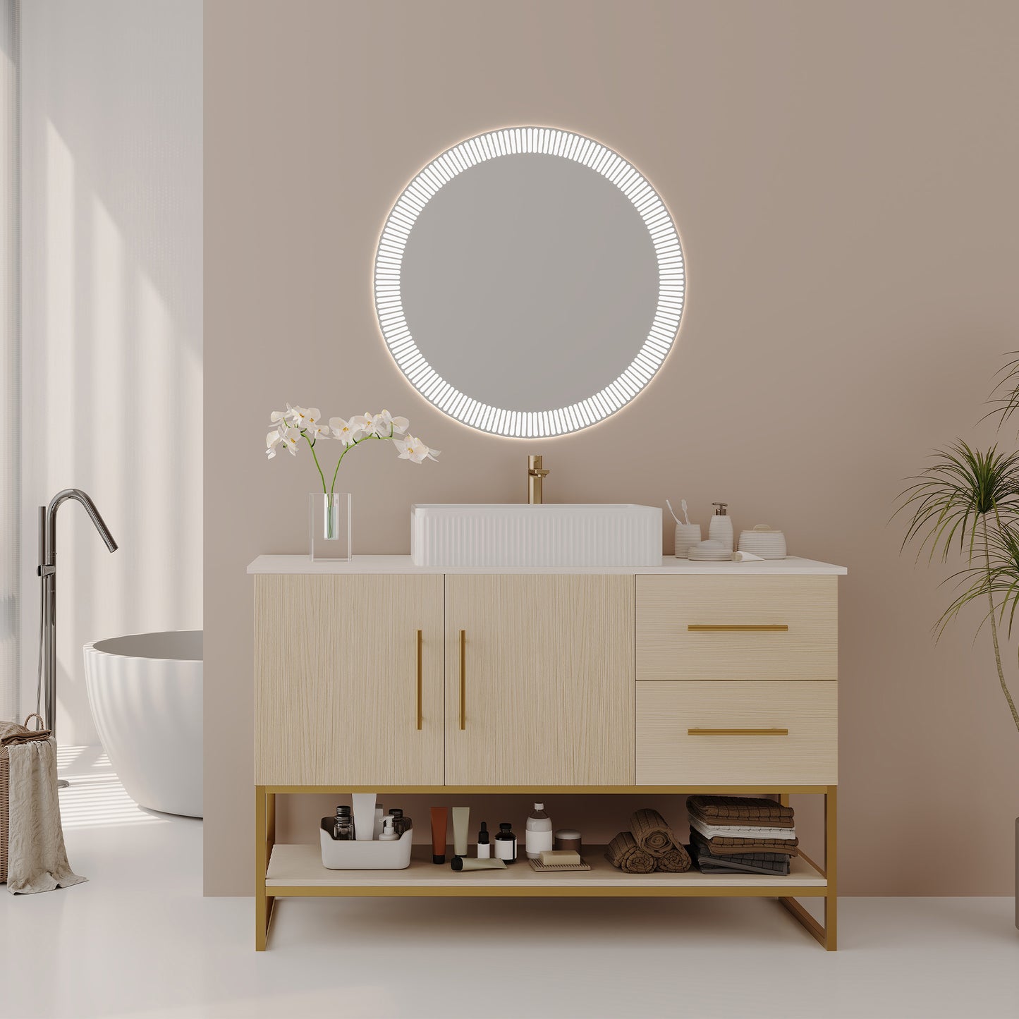 47.2" Modern Bathroom Vanity with Ceramic Vessel Sink, Gold Accent Free Standing Cabinet