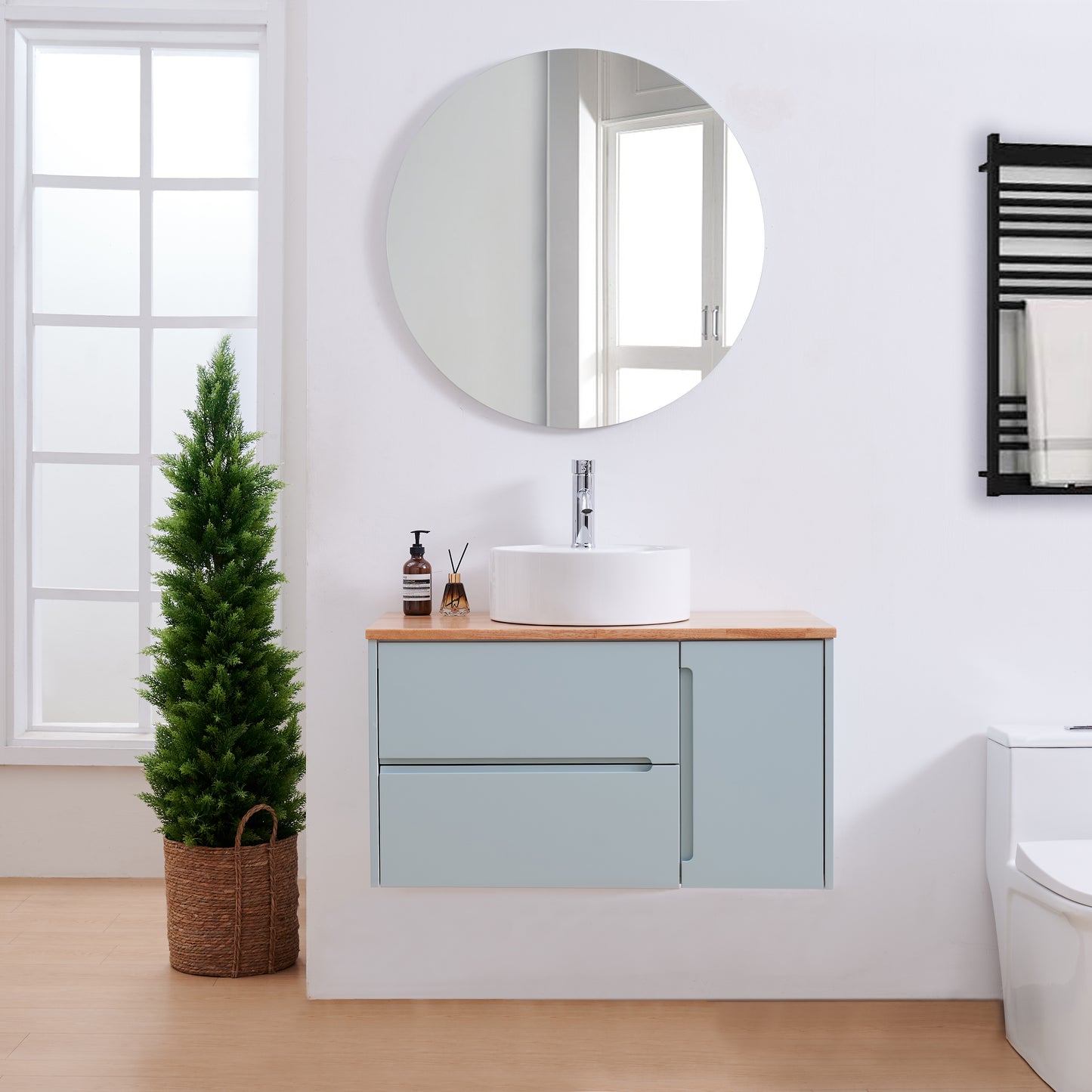 36-Inch Double Drawer + Single Door Wall-Mounted Bathroom Vanity .Blue Cabinet + Solid Wood Natural Top,Round Art Ceramic Sink + Blue Round Mirror,Modern Minimalist Design,Ample Storage!