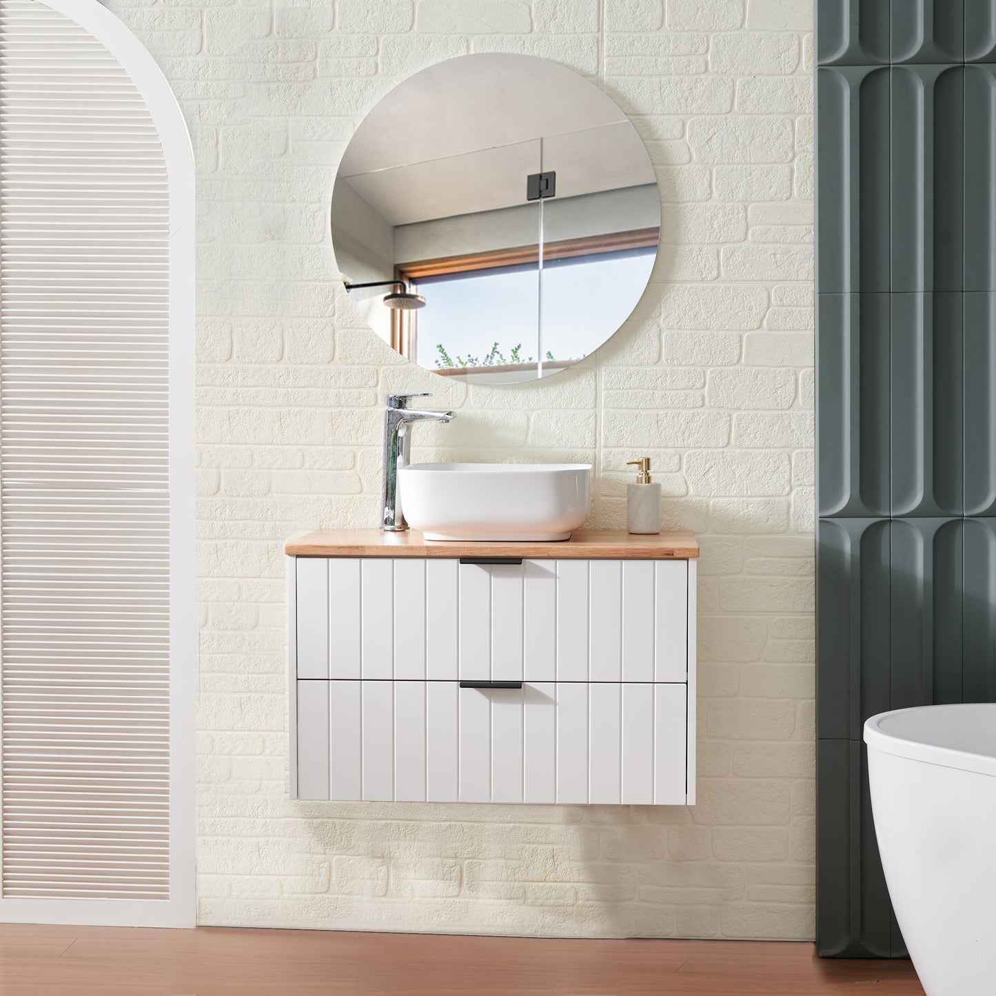 32-Inch Double Drawer Wall-Mounted Bathroom Vanity,White Cabinet + Solid Wood Natural Top,Square Art Ceramic Sink + White Round Mirror,Modern Minimalist Design, Combining Functionality and Style