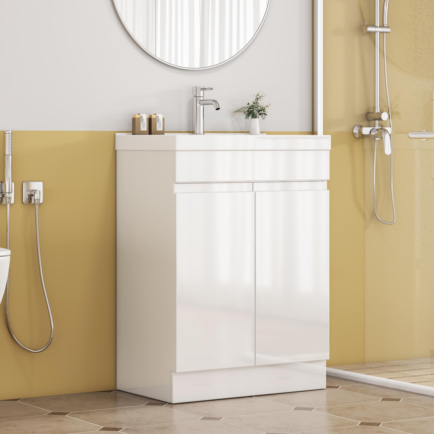 24-Inch Bathroom Vanity With Sink Combo , 2 Doors Bathroom Cabinet, With Shelf ,Handle Free Design,Unique Thick-Edged Ceramic Basin,Soft Close System Hinge,Easy Assemble,Glossy White