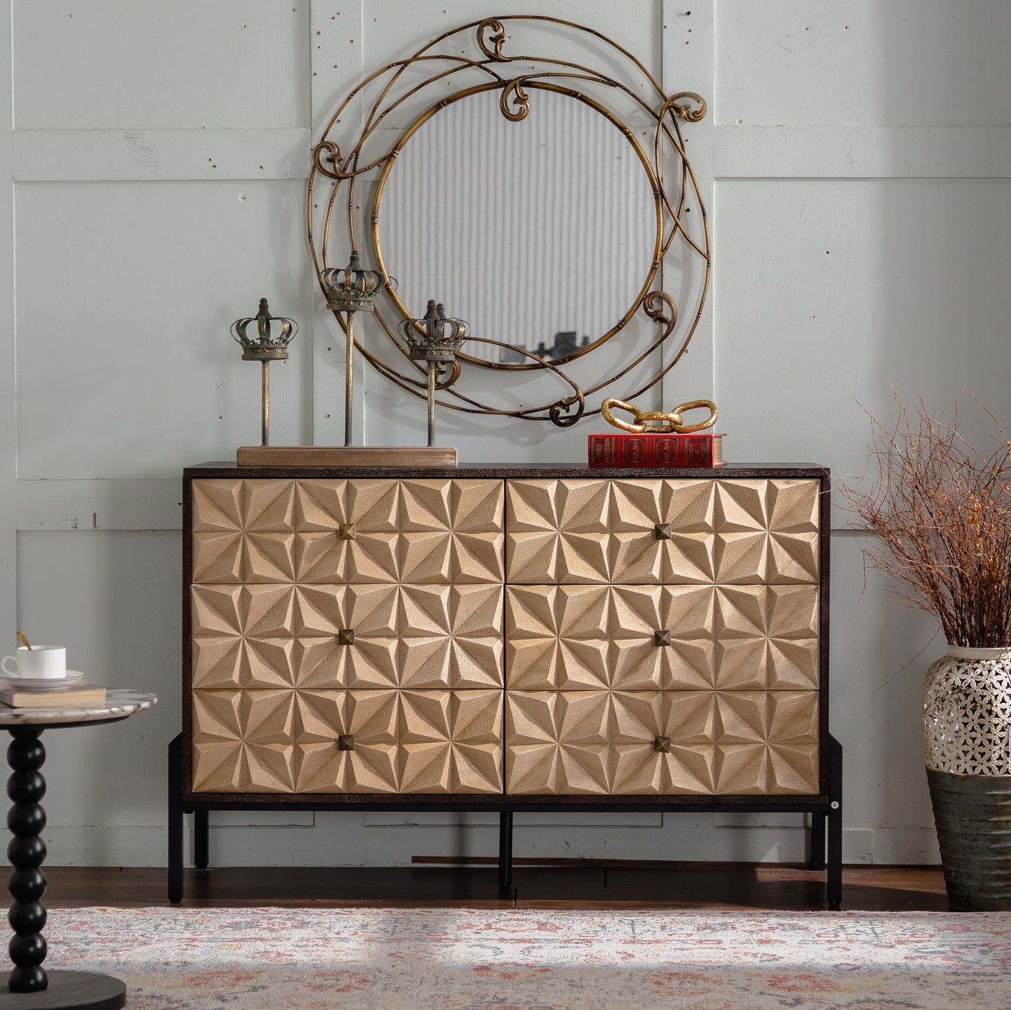 48.21" Mid-Century Modern 6-Drawer Sideboard - Solid Wood & MDF 3D Geometric Diamond Dresser, Buffet Console Table with Black Metal Legs for Living Room/Dining Room