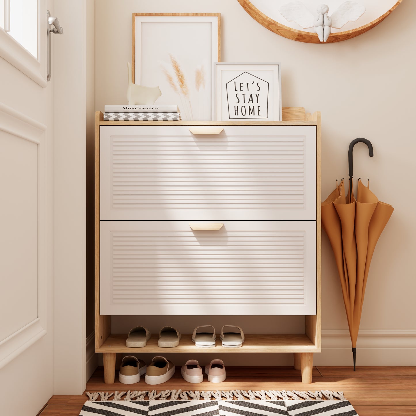 31.5 Inch Nordic Style Shoe Storage Cabinet with 2 Flip Drawers, Freestanding Organizer with Solid Wood Legs for Entryway, Narrow Shoe Rack Cabinet (White and Solid Wood Color Matched)