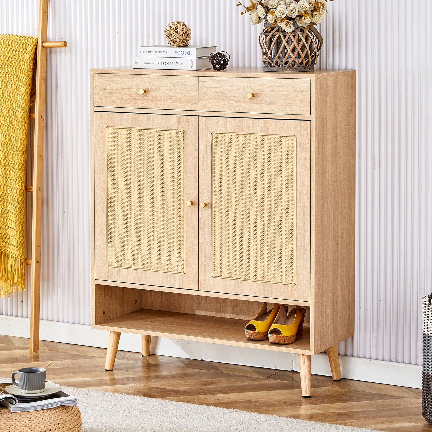Multi-functional Modern Minimalist Natural Wood-Colored MDF Shoe Cabinet - Seamlessly Fits into Nordic, and Industrial Style Interiors,Product Dimensions: 34.6*13.7*43 inches.