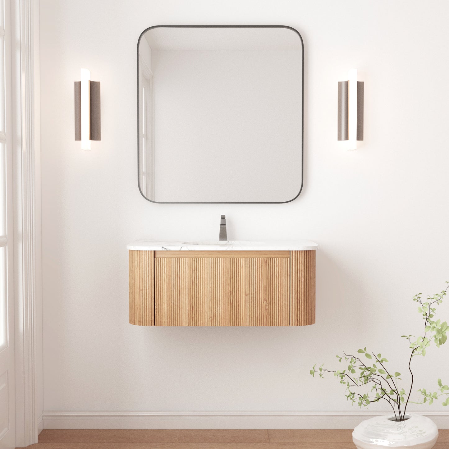 Arcora 36 Inch Wall Mounted Bathroom Vanity with Cararra Artificial Marble Countertop, Ceramic Sink, Curved Design with Stripe, Pre-Assembled