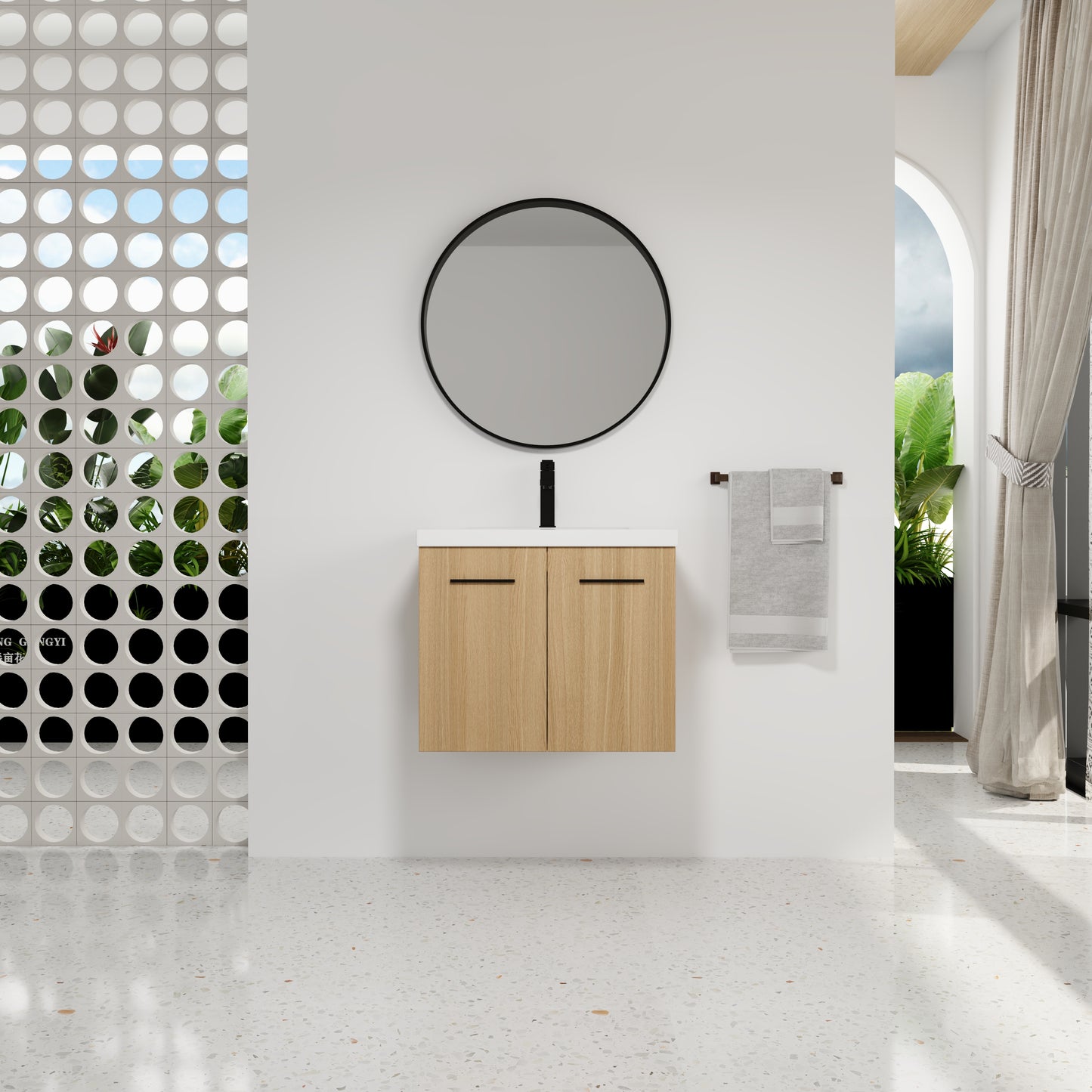 24" Floating Bathroom Vanity with Sink, Light Oak Plywood Cabinet, Wall-Mounted Double Door Storage, Includes Resin Sink Top (2-Piece Set)