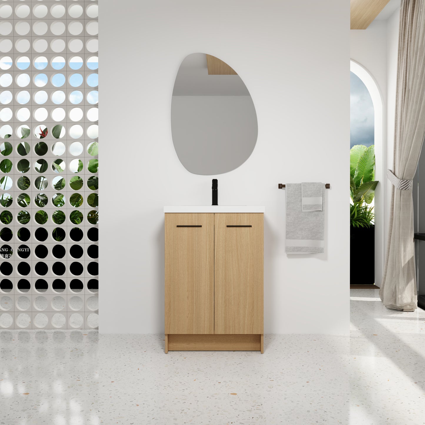24" Freestanding Bathroom Vanity with Resin Sink, Light Oak, Double Door Storage, KD (Ready-to-Assemble), Includes Black & Brushed Aluminum Handles