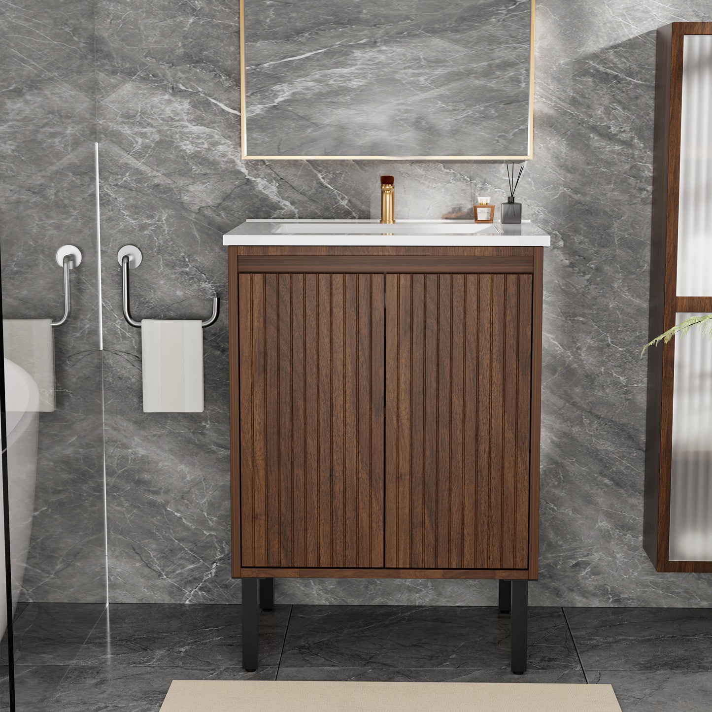 24 Inch Bathroom Vanity with Sink, Floor - Standing Structure for Stability, Soft - Closing Doors for Noiseless Operation, Sleek Oak Finish for Modern Aesthetic(White Sink)