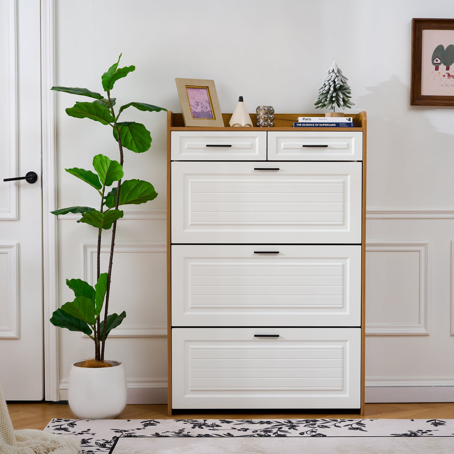 White+Walnut Shoe Cabinet - 3 Flip Drawers, Freestanding Organizer