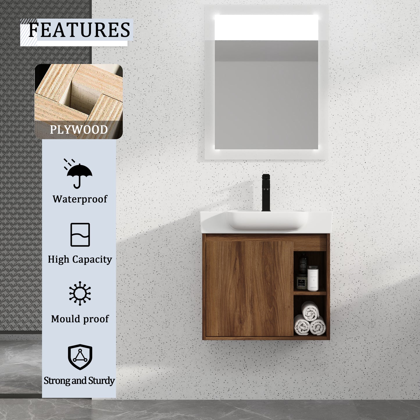Modern Brown Ebony Floating Bathroom Vanity with Soft-Close Doors