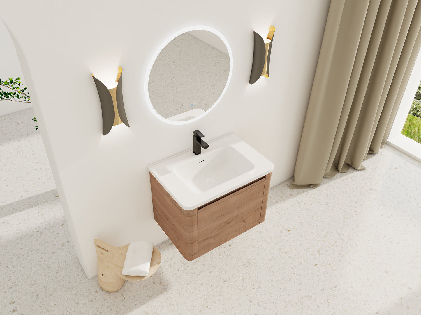 Imitative Oak Bathroom Vanity - Wall Mounted Sink