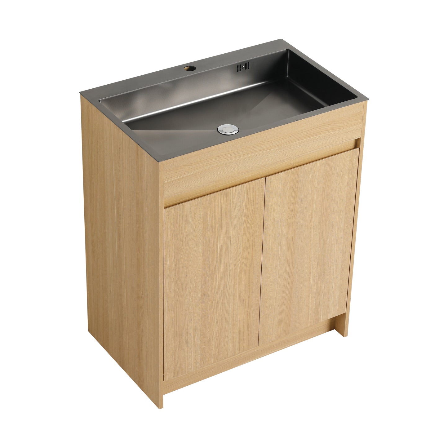 28" Freestanding Bathroom Vanity / Laundry Utility Cabinet, w/ Stainless Steel Sink and Flexible Drain Pipe, 2-Soft Close Door, Oak, Plywood, KD-Packing