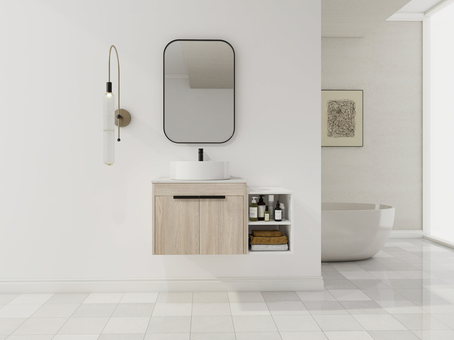 36 " Modern Design Float Bathroom Vanity With Ceramic Art Sink, White Flat Stone Slab and Small Storage Shelves, Soft Closed Door,KD-Package (TOP-BAB400MOWH)
