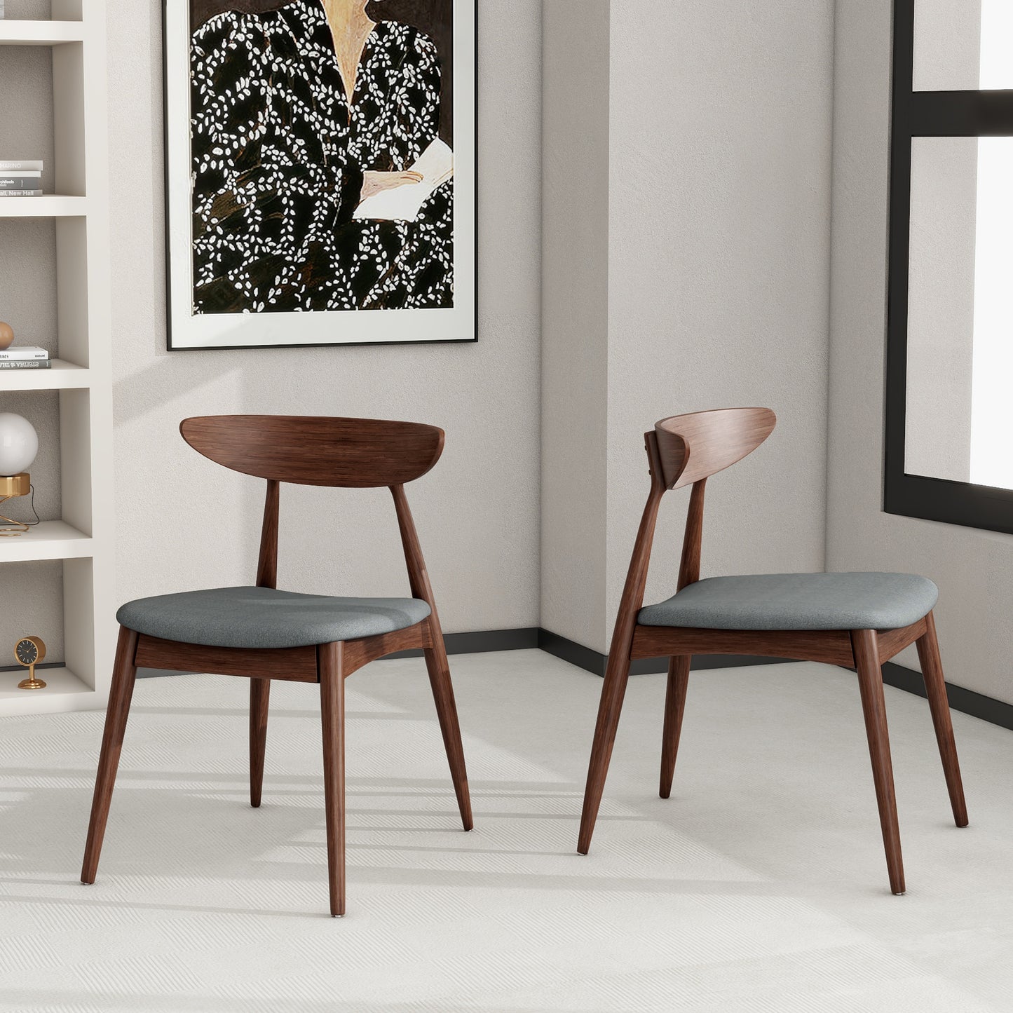 Set of 2 Retro Rubberwood Chairs with Ergonomic Back & Plush Cushions, Walnut+Light Gray (same sku: 59297.00DBEI)