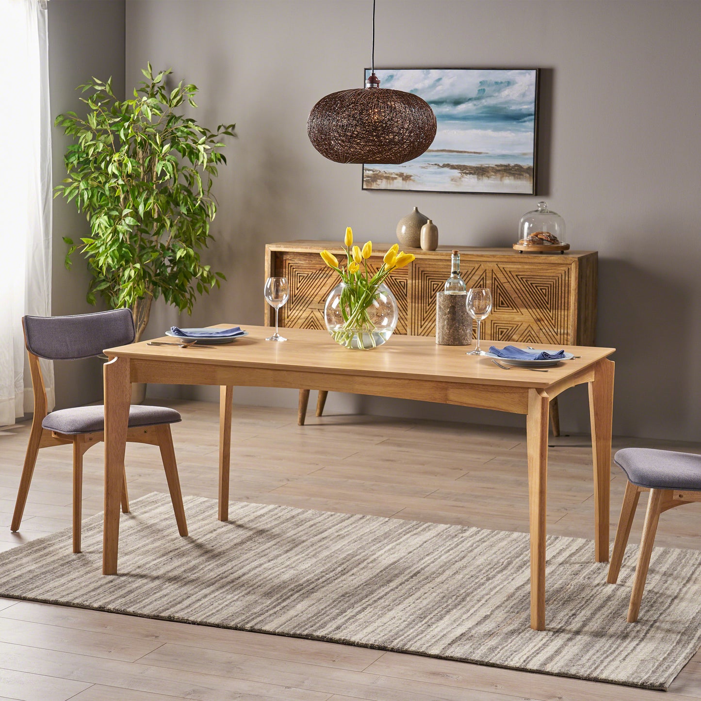 Dining Table, Rubberwood with Walnut Veneer, Mid-Century, Natural Oak Finish