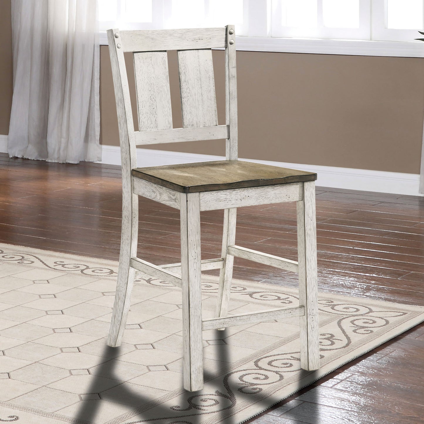Antique White Finish Solid wood Farmhouse Design Kitchen Set of 2pc Counter Height Dining Chairs Slat Back Chairs Dining Room