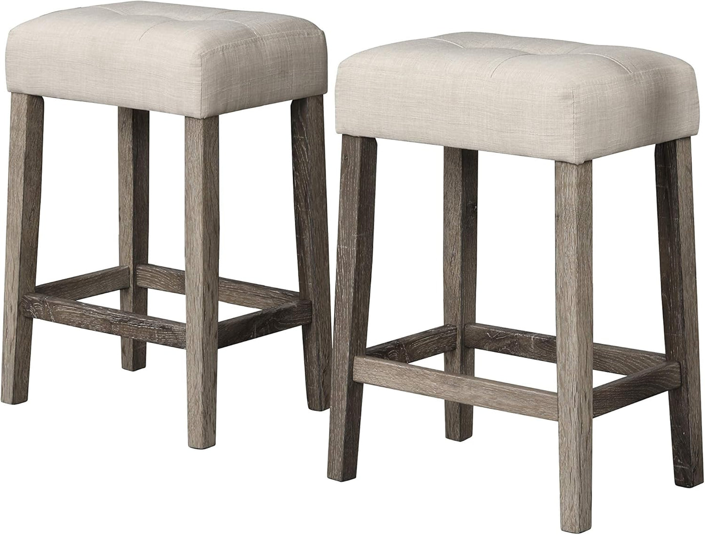 Transitional 24" Wood Counter Stool Set of 2, Backless Counter Seating with Upholstered Linen Fabric Cushion, Kitchen/Dining Room Furniture, Antique Oak