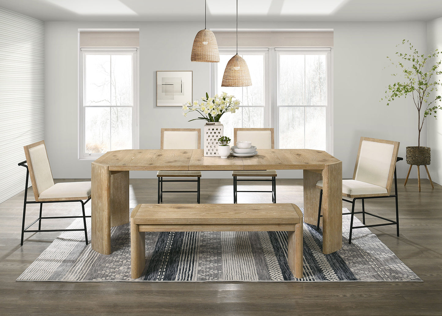 Oak Dining Room Bench with Rounded Corners, Contemporary Style