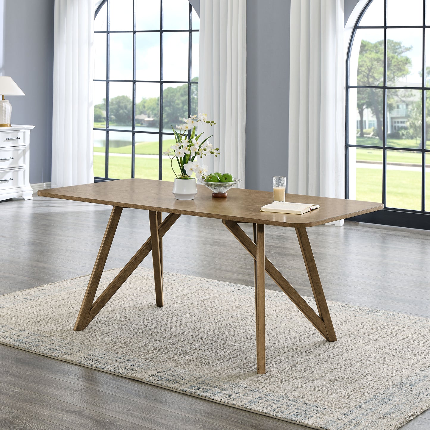 Darla 70"W Rectangular Walnut Oak Geometric Cross Base Dining Table