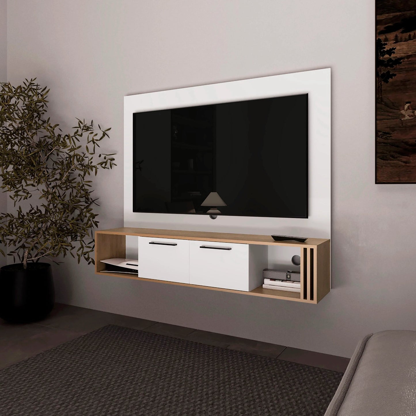 White and Natural Oak Entertainment Center Multistorage and Cable Management