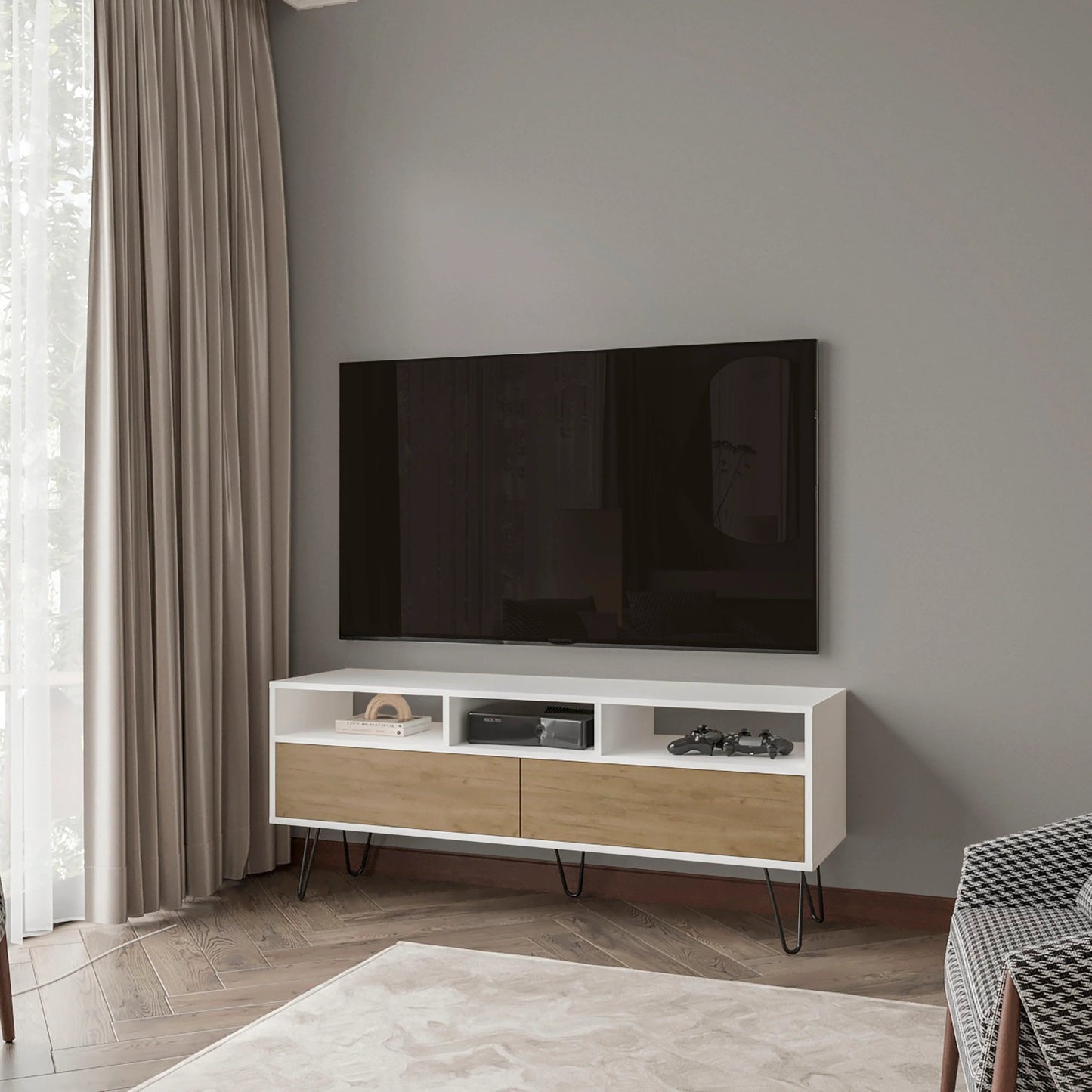 White and Natural Oak TV Stand with 2 Doors and Open Storage