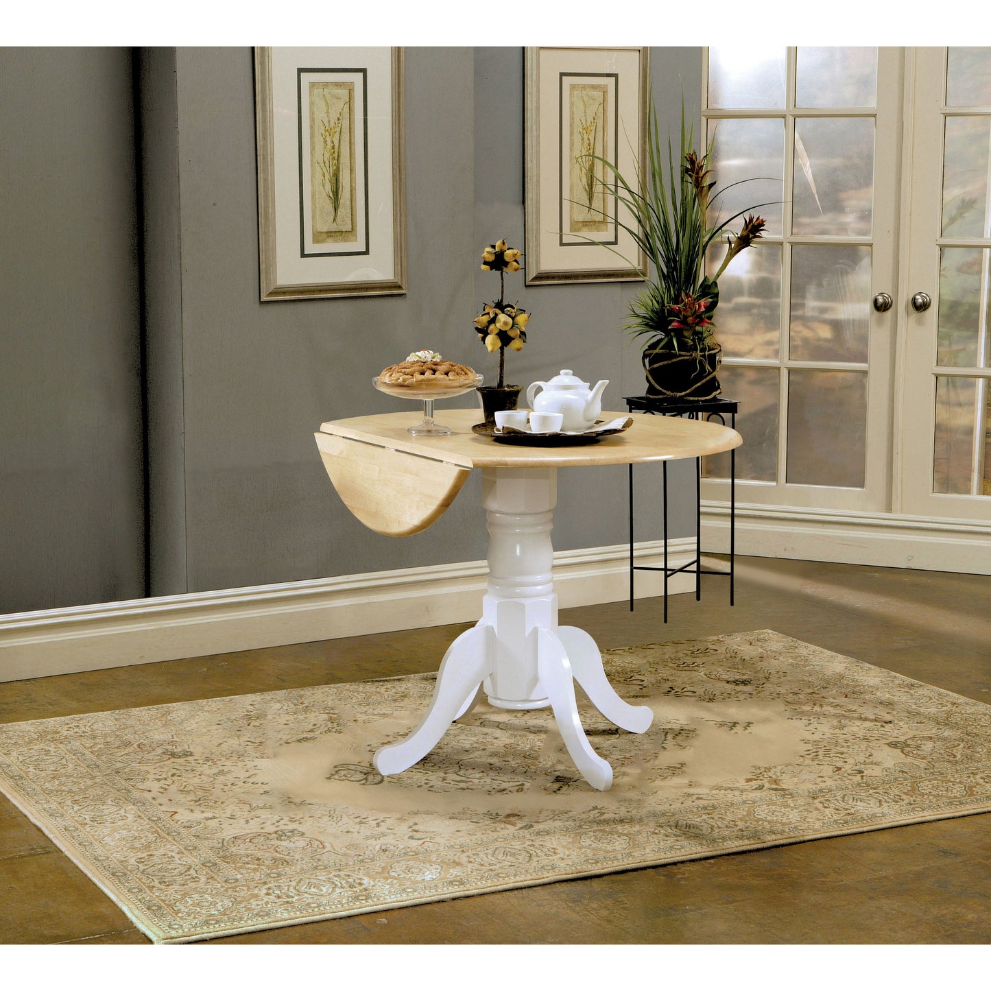 Natural Brown and White Round Dining Table with Drop Leaf