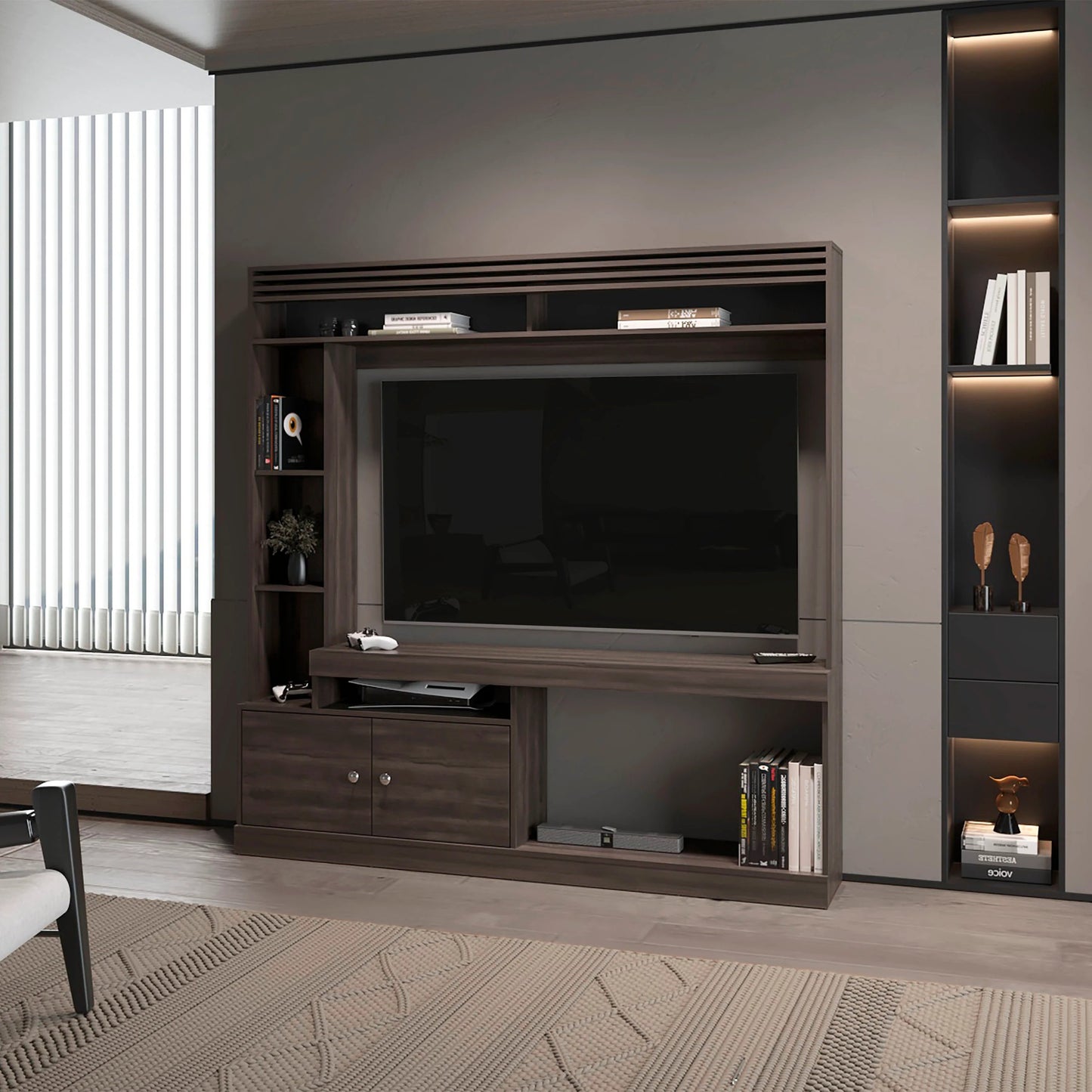 Stained Walnut Entertainment Center with 2-Door and Open Storage