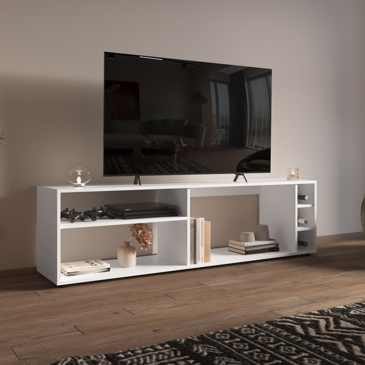 Suxta 63" Wide Tv Stand with Three Open Shelves and Three Bottle Cubbies, Cable Management, Bar Tv Stand, Living Room, Tv Room