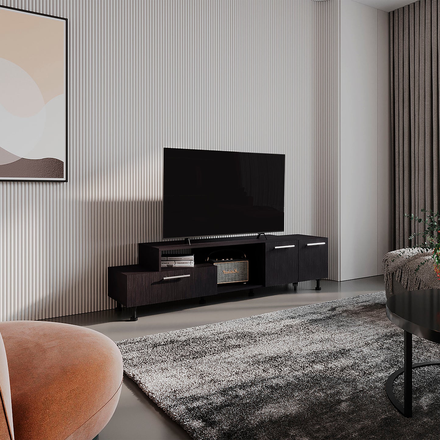 Athol 69" Wide Two-Tier Tv Stand Black with one pull-down door cabinet, one double-door cabinet and two Shelves, Cable Management, Living room