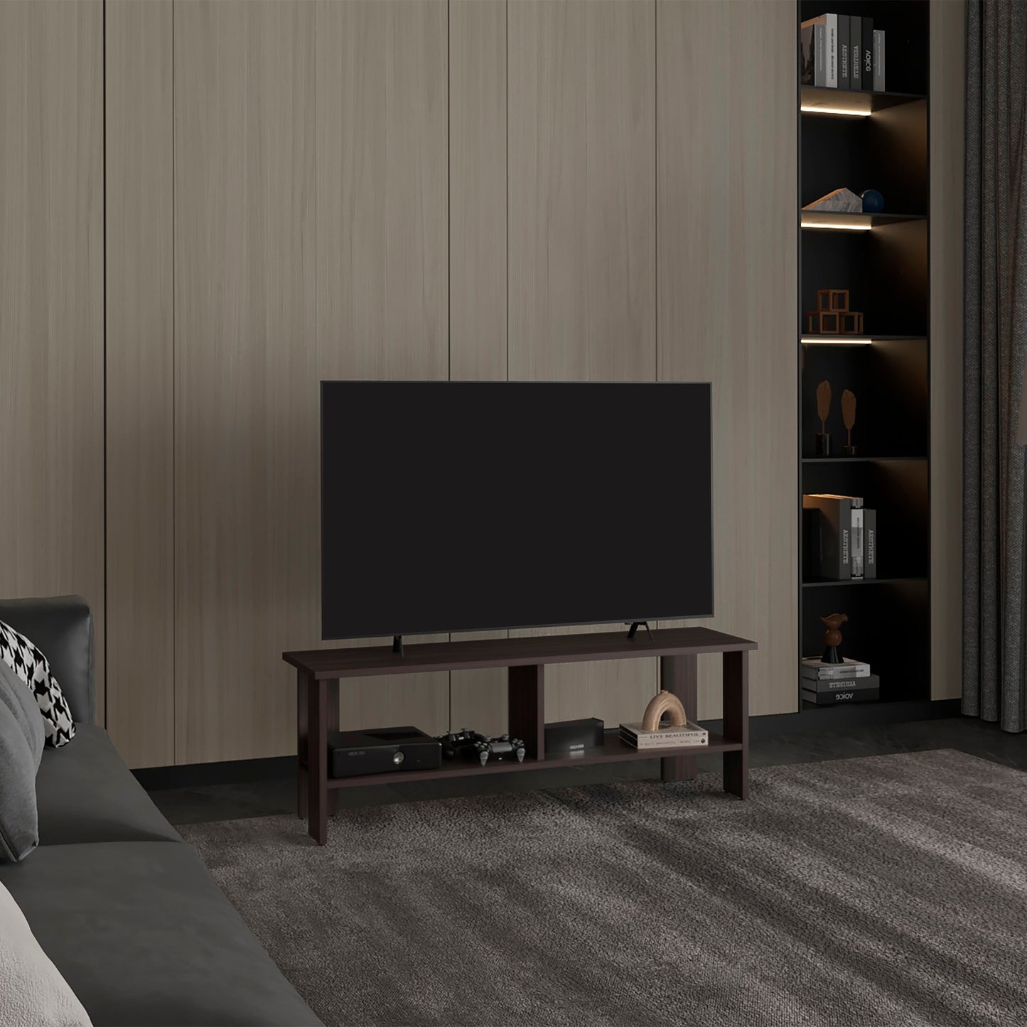 Navia 47" Wide Tv Stand with Two Shelves, for Living room, Bedroom, Entertainment Dark Walnut