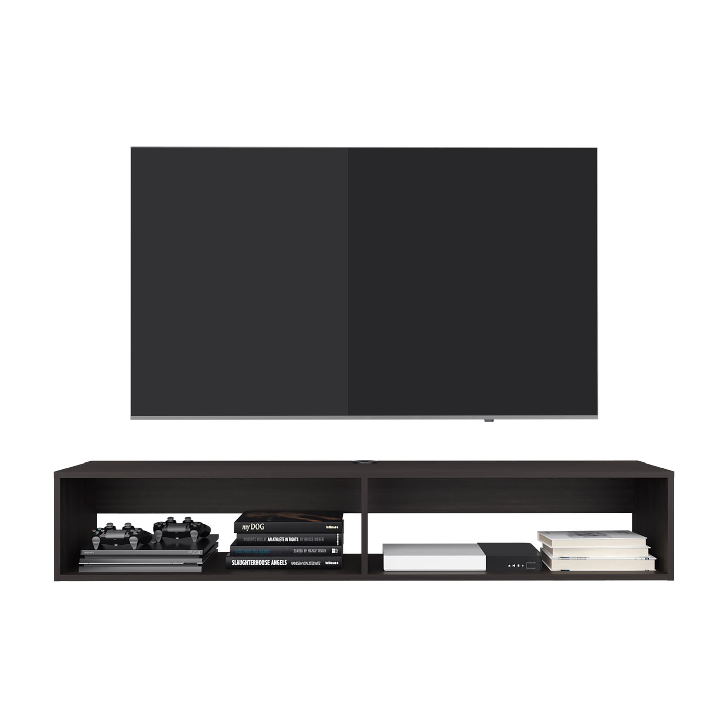59" Dark Walnut Floating TV Stand with Storage Shelves for Living Room