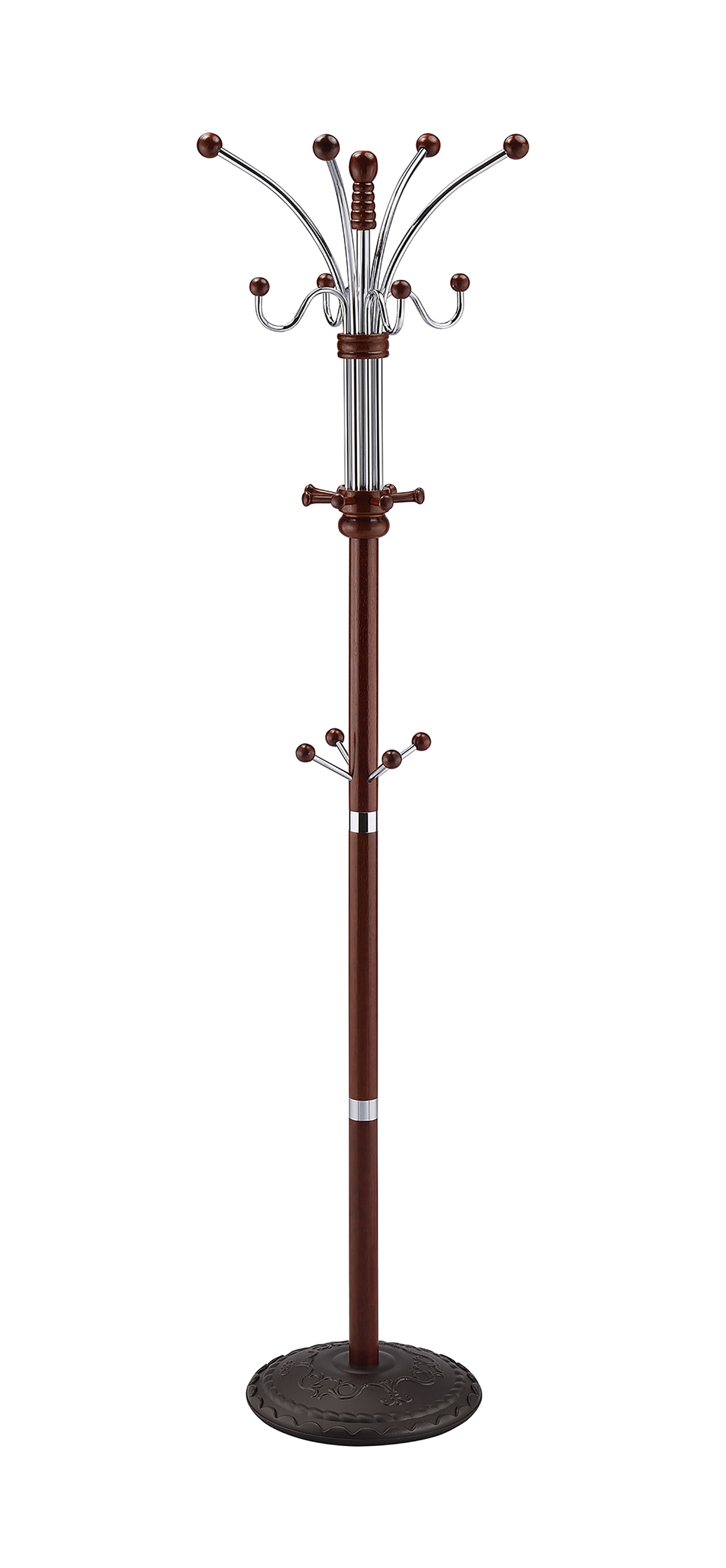 73" Tall Chrome and Wood Coat Rack, Cherry finish