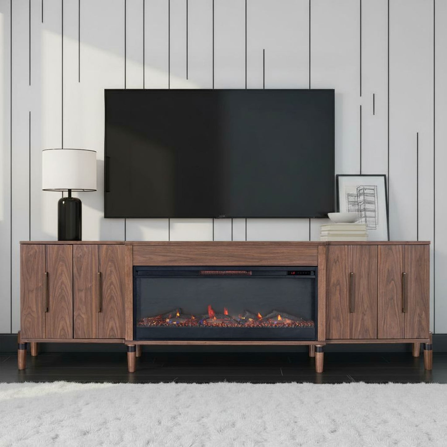 Tranquility 94 inch Fireplace TV Stand, for TVs up to 100 inches, Minimal Assembly, Walnut Finish